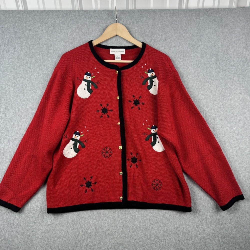 Croft & Barrow Cardigan Sweater‎ Womens Large Red Snowman Holiday Christmas Knit